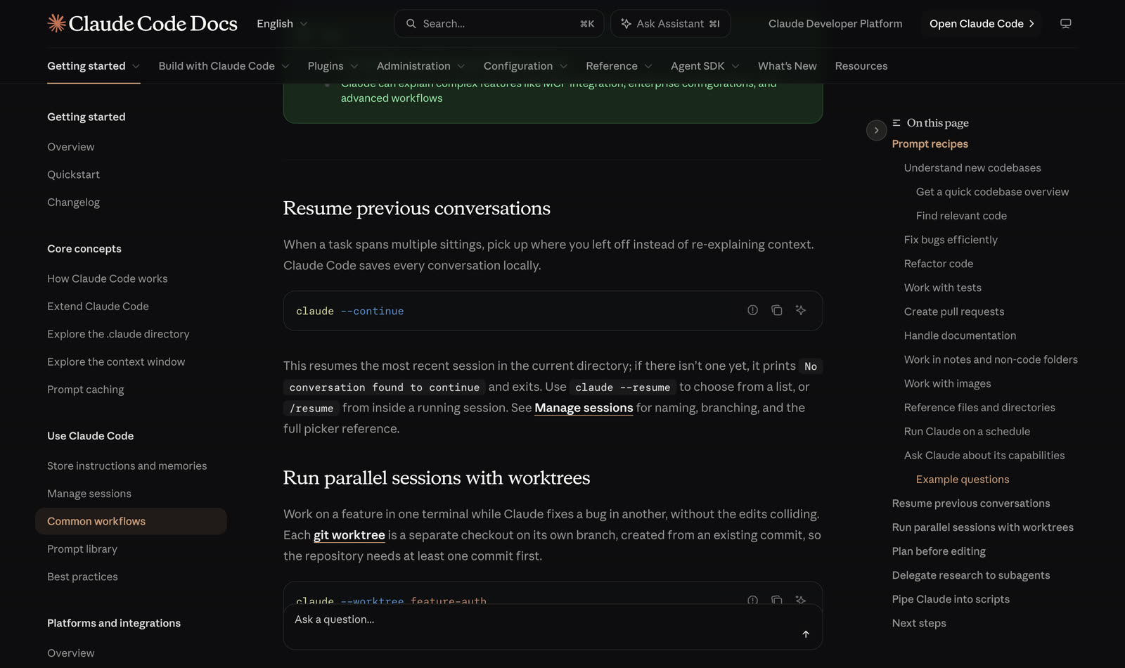 Claude Code docs, Common workflows page: the Resume previous conversations section, with claude --continue, claude --resume and the /resume command.