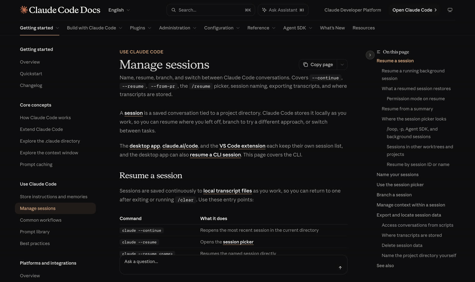 Claude Code docs, Manage sessions page: name, resume, branch and switch conversations, a table of resume commands, and a contents entry for resuming a running background session.