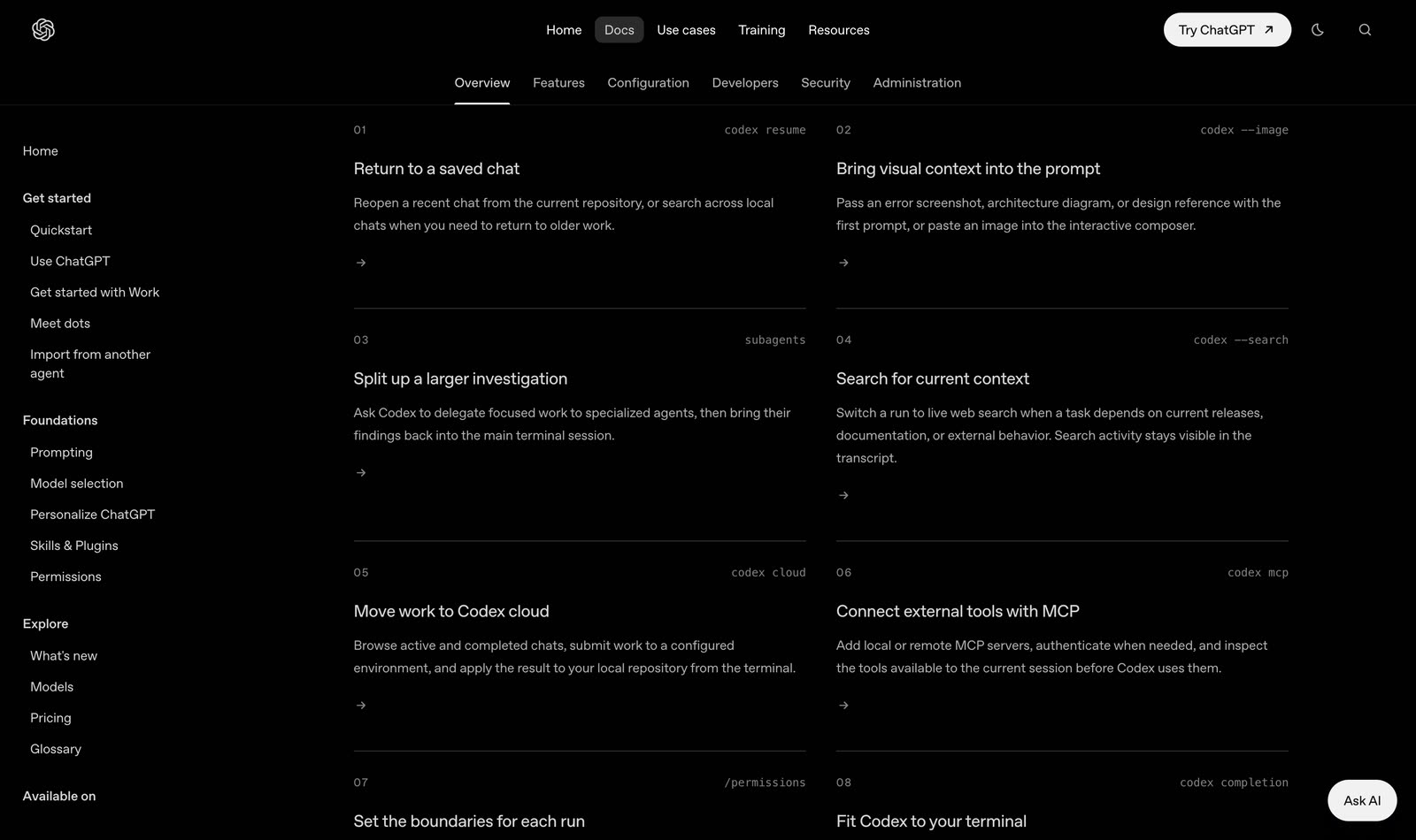 OpenAI Codex CLI docs: feature cards for codex resume (return to a saved chat), subagents (split up a larger investigation) and codex cloud (move work to Codex cloud).