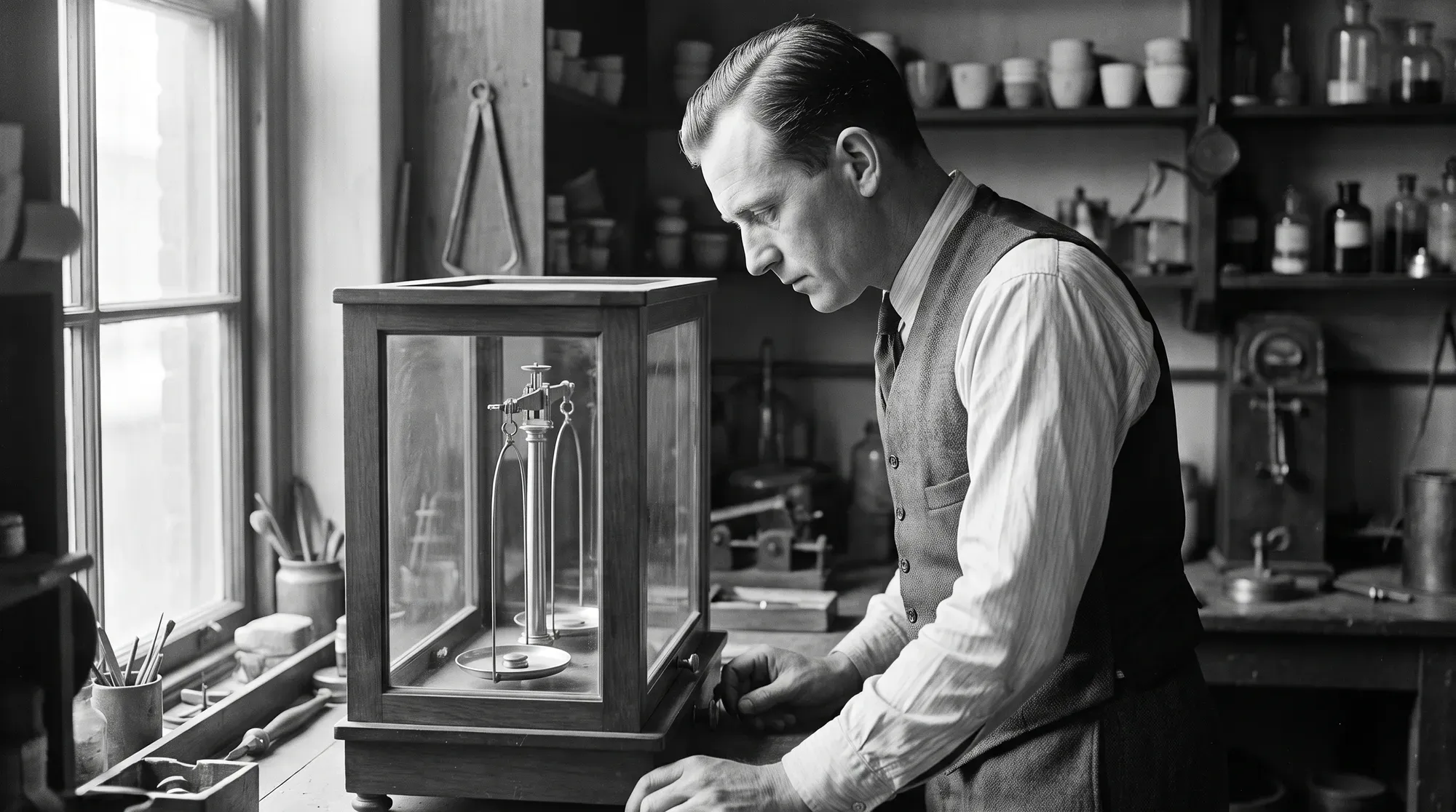 An assayer bends over a precision balance in its glass case, watching the needle settle before he trusts the metal.