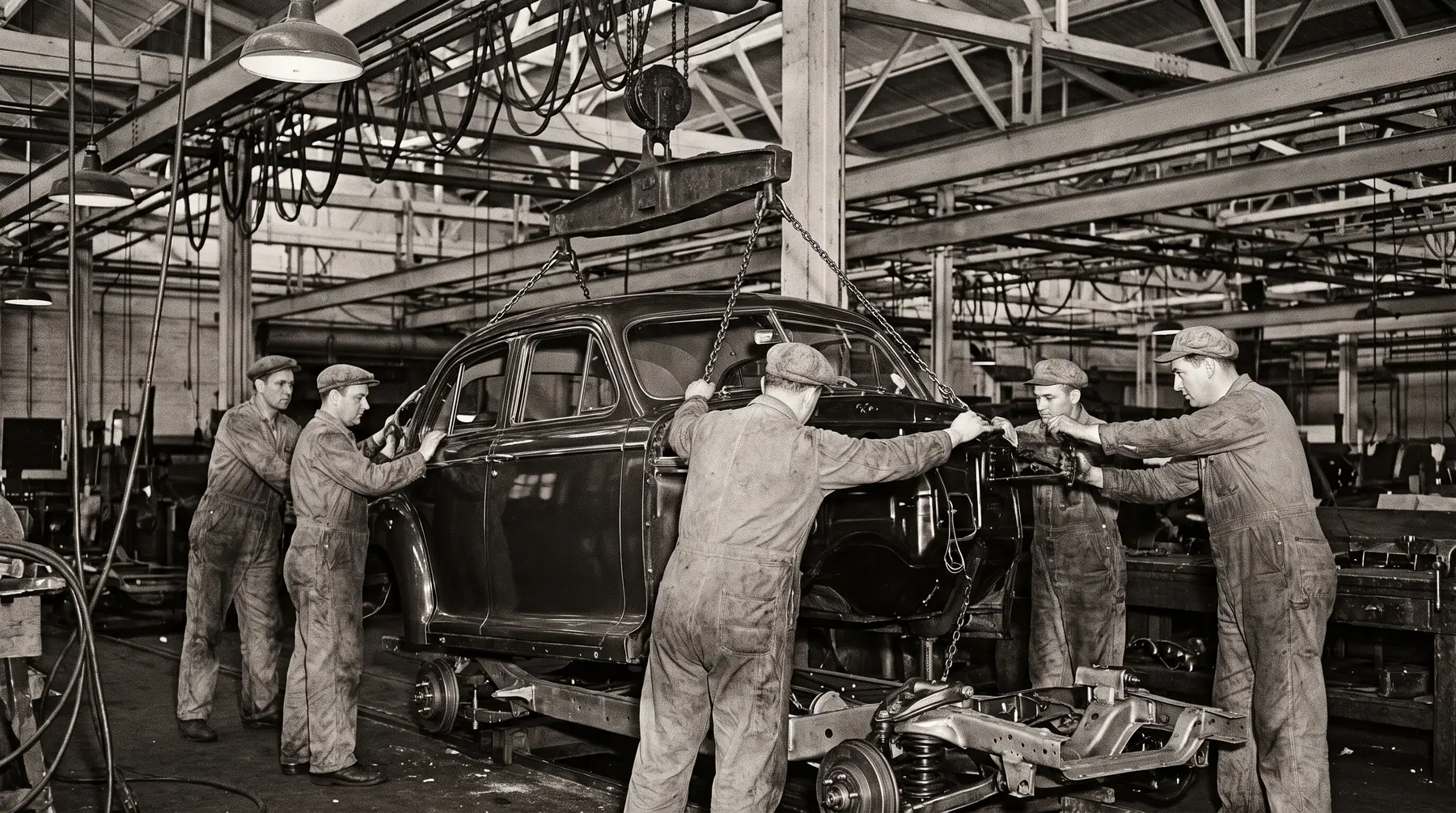 On an assembly line, workers guide a car body hanging from an overhead hoist down onto a bare chassis.