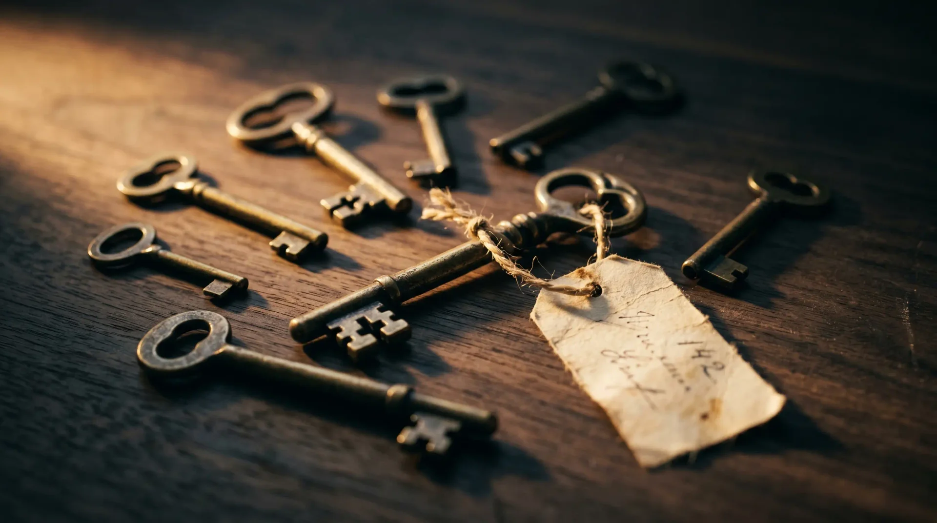 Antique brass keys on a weathered wooden desk.