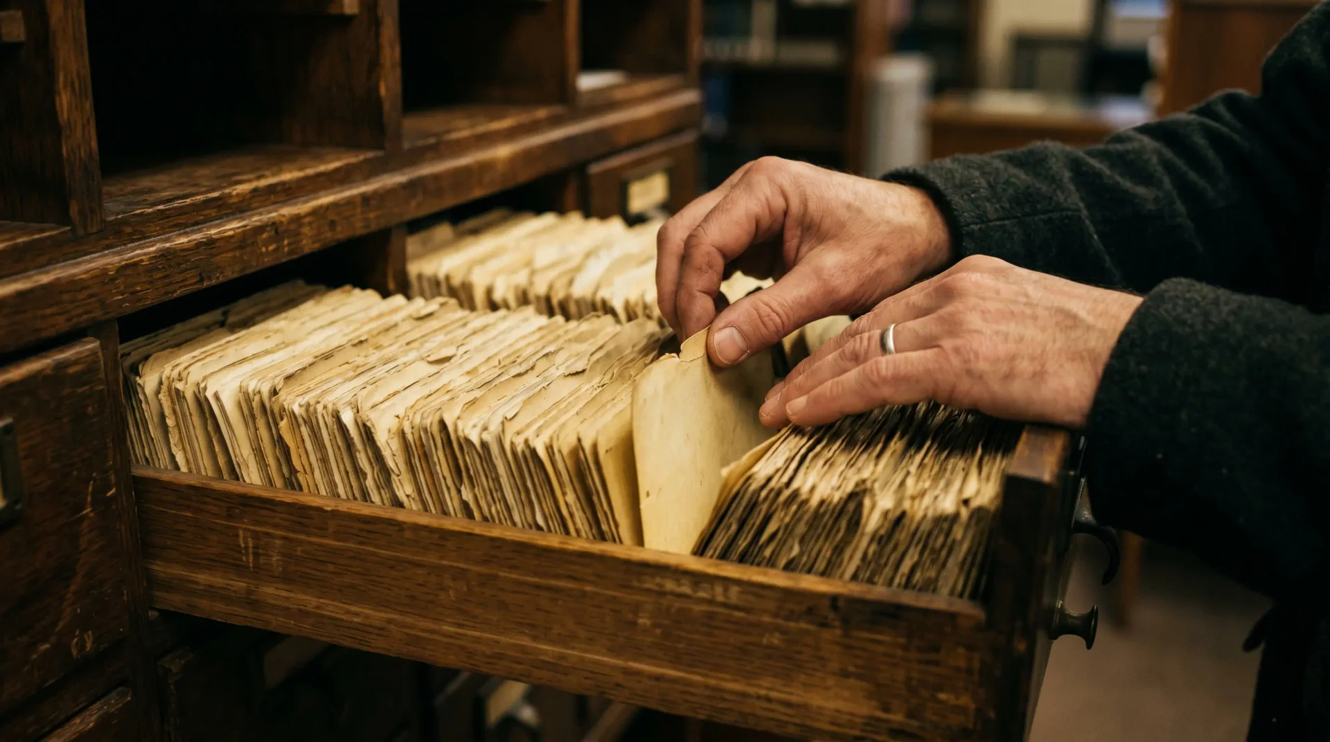 A woman looking through an organized card catalog in a library.