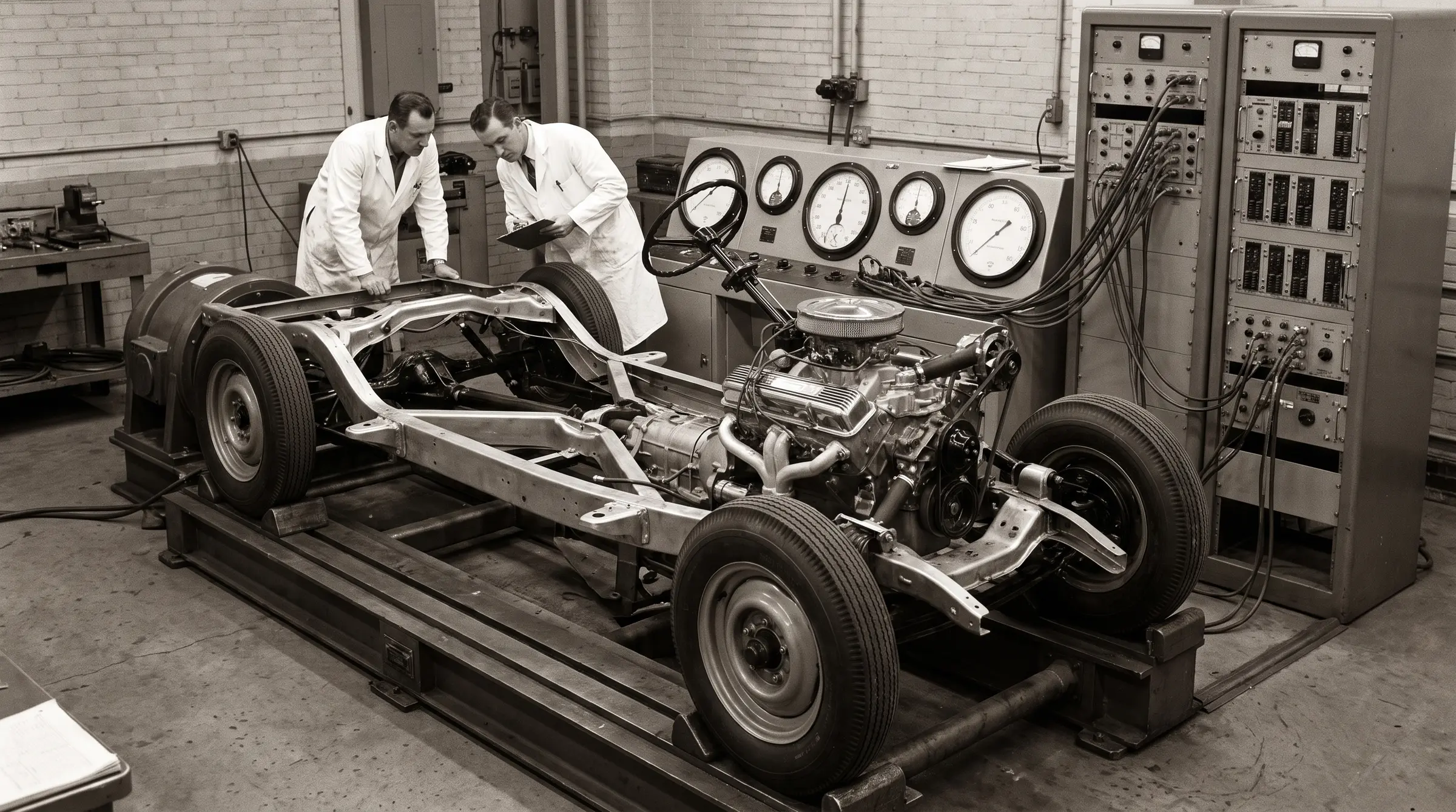A bare automobile chassis with engine and wheels but no body, bolted to a test stand in front of a wall of gauges, two engineers in white coats checking it against a clipboard.