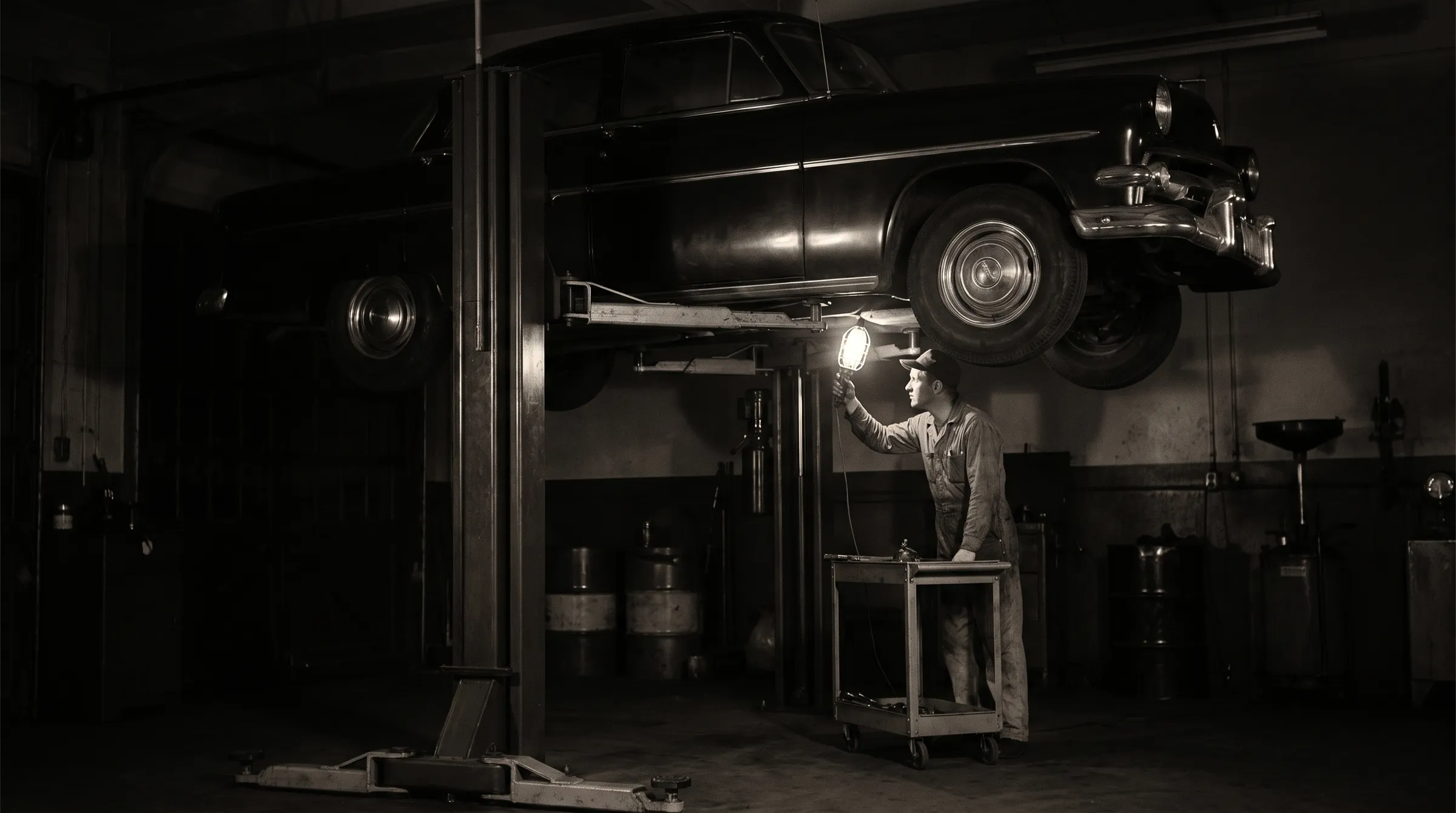 A sedan raised on a hydraulic lift in a garage at night, a mechanic underneath holding a caged work lamp up to the undercarriage.