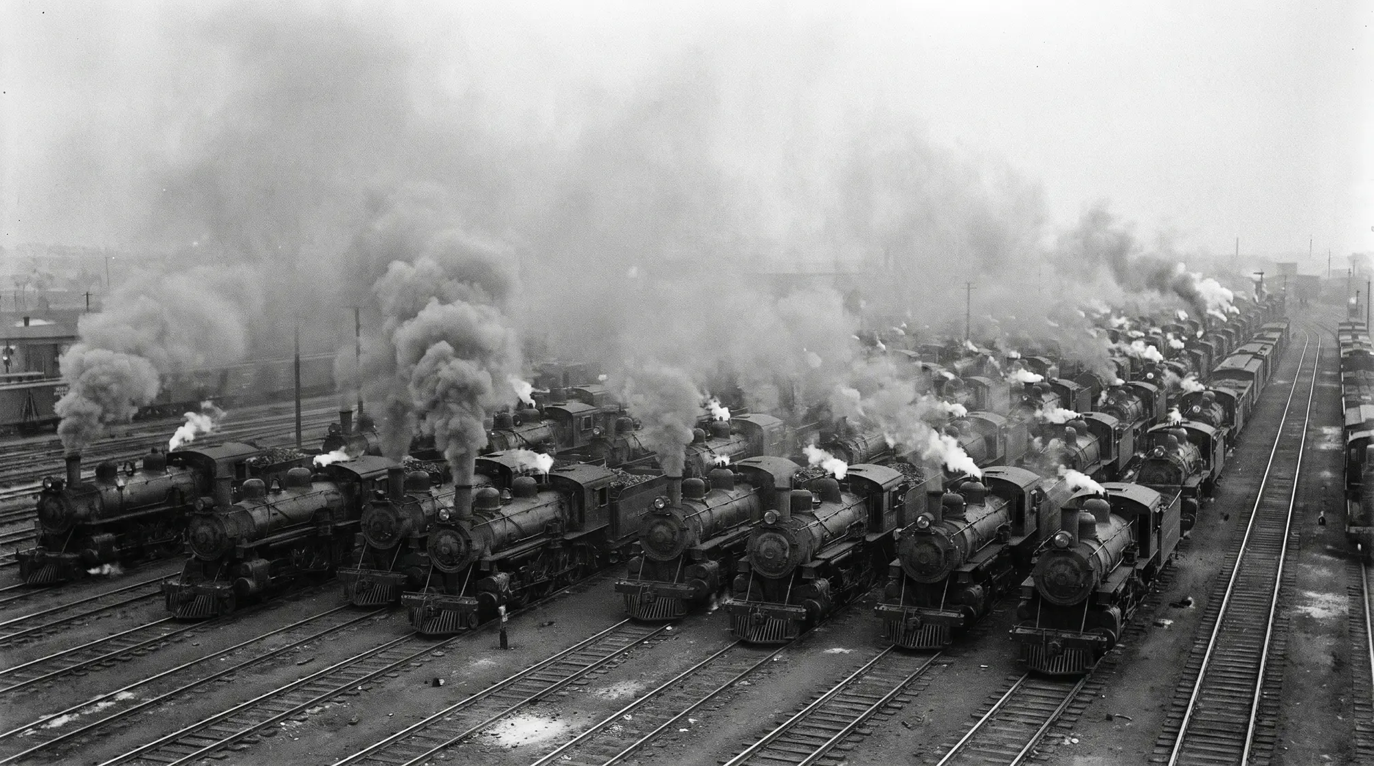 A rail yard seen from a signal tower: dozens of steam locomotives packed side by side, their smoke merging into one haze.