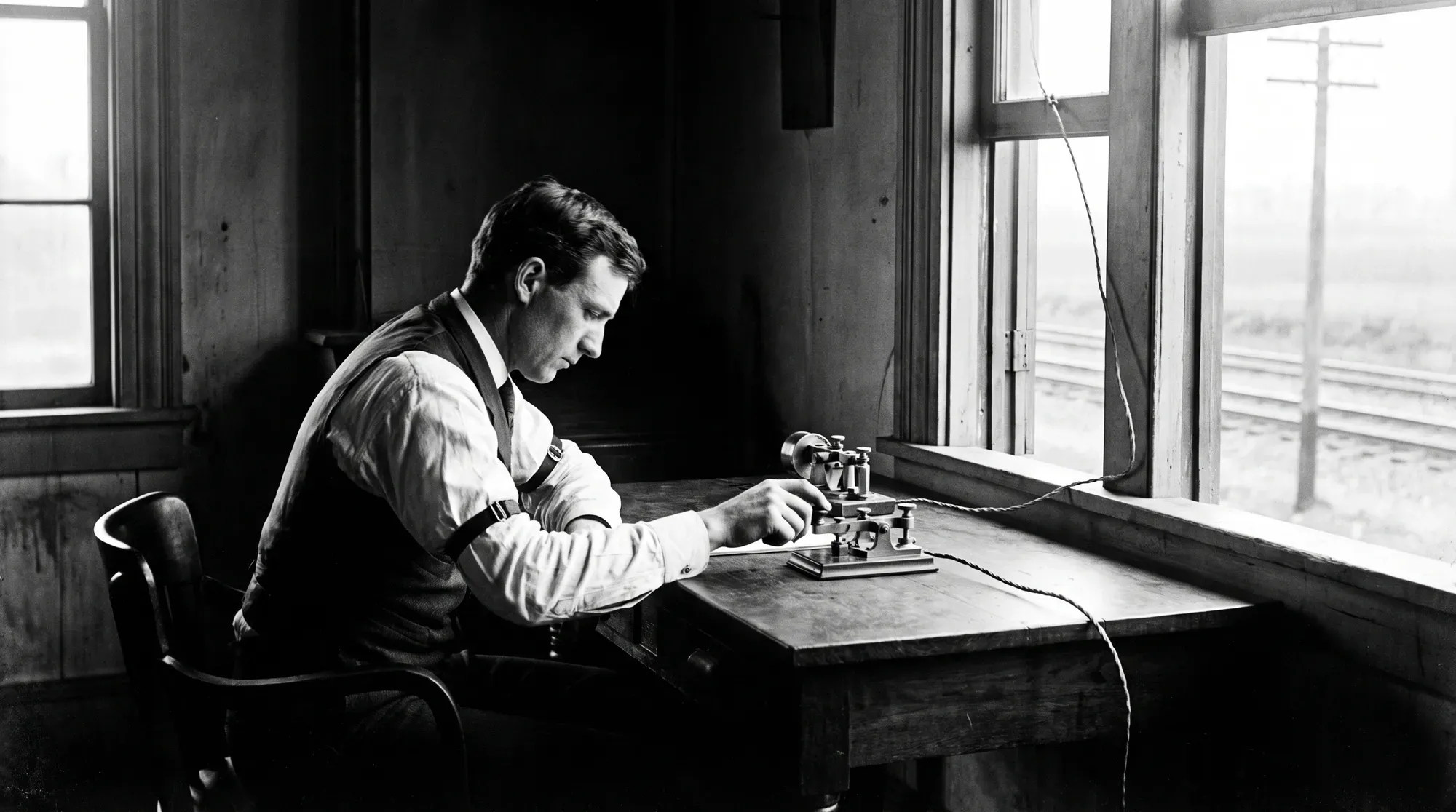 A dispatcher sits at a telegraph key by the window, the wire running out past the glass toward the tracks.