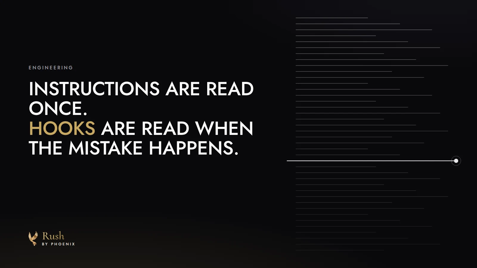 The headline set in capitals beside a column of faint rule lines that fade toward the bottom, with one bright line two thirds of the way down ending in a marker