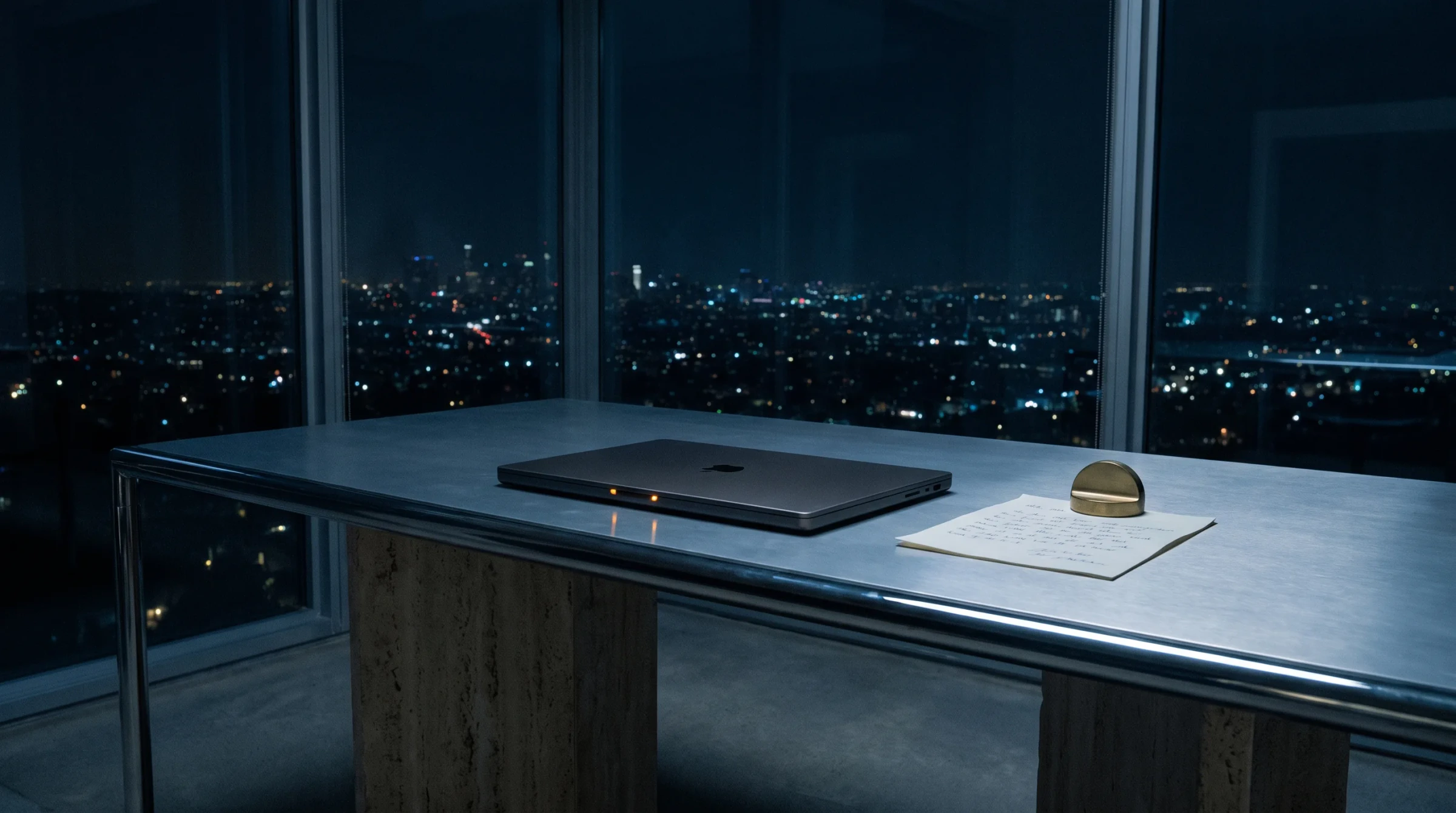 A quiet altitude interior at night: a closed laptop, a small amber status light, and code-review notes on a travertine desk.