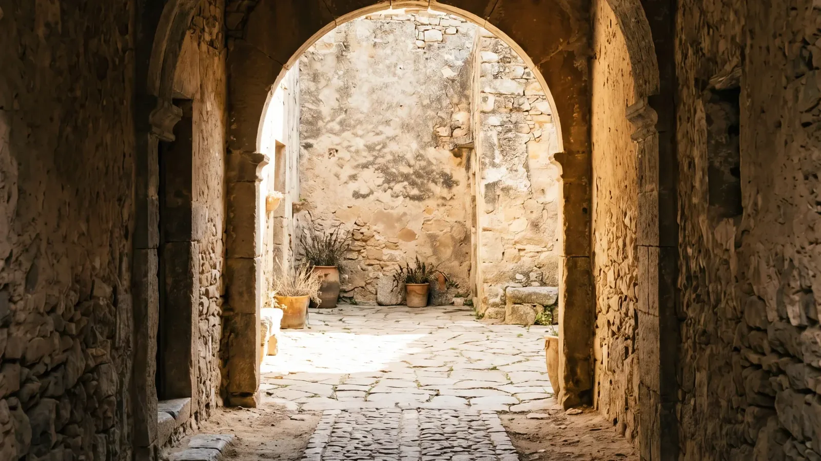 An old stone archway opening onto a sunlit courtyard, the passage floor cobbled and in shade.