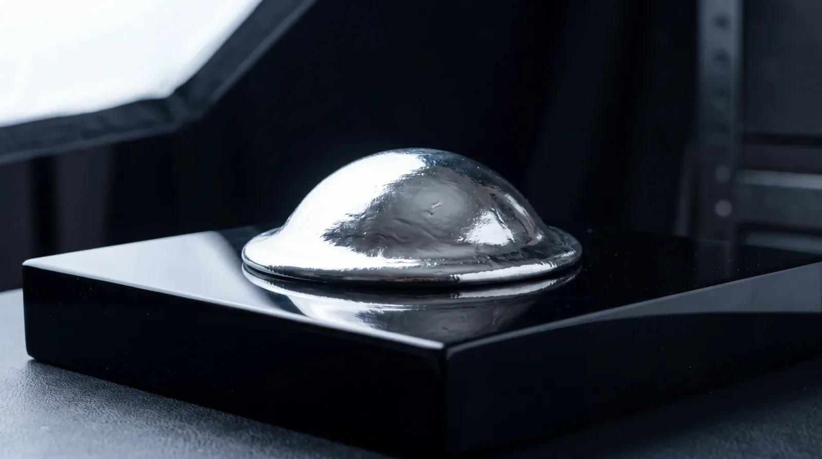 A chrome dome resting on black glass, its reflection meeting it at the base.
