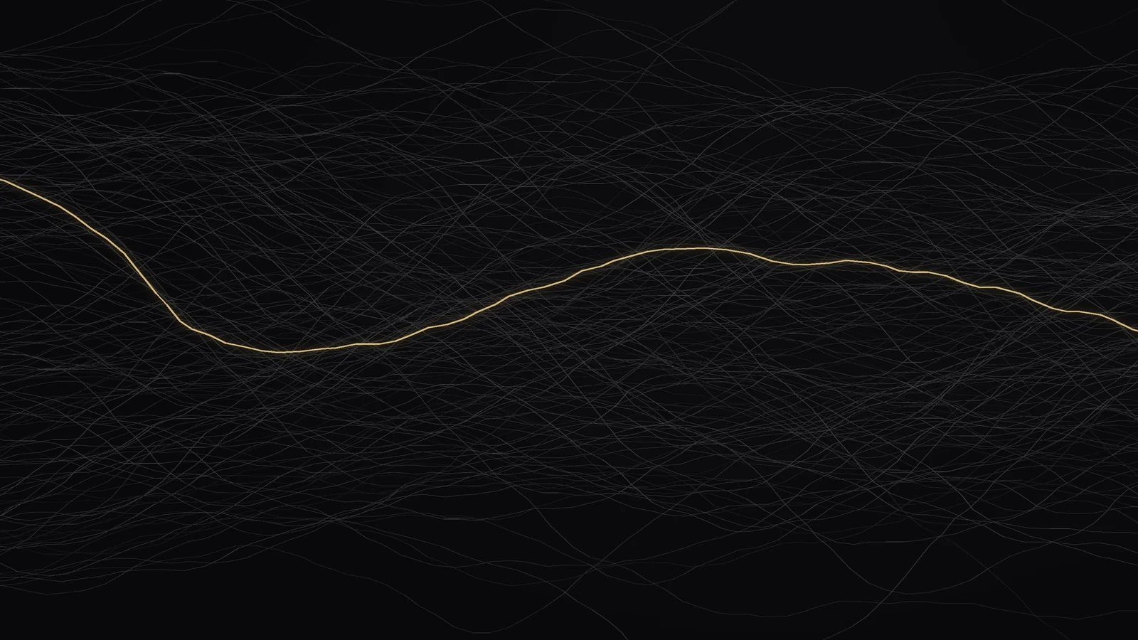 Hundreds of faint ivory paths crossing a dark field, one of them traced in gold from start to finish.