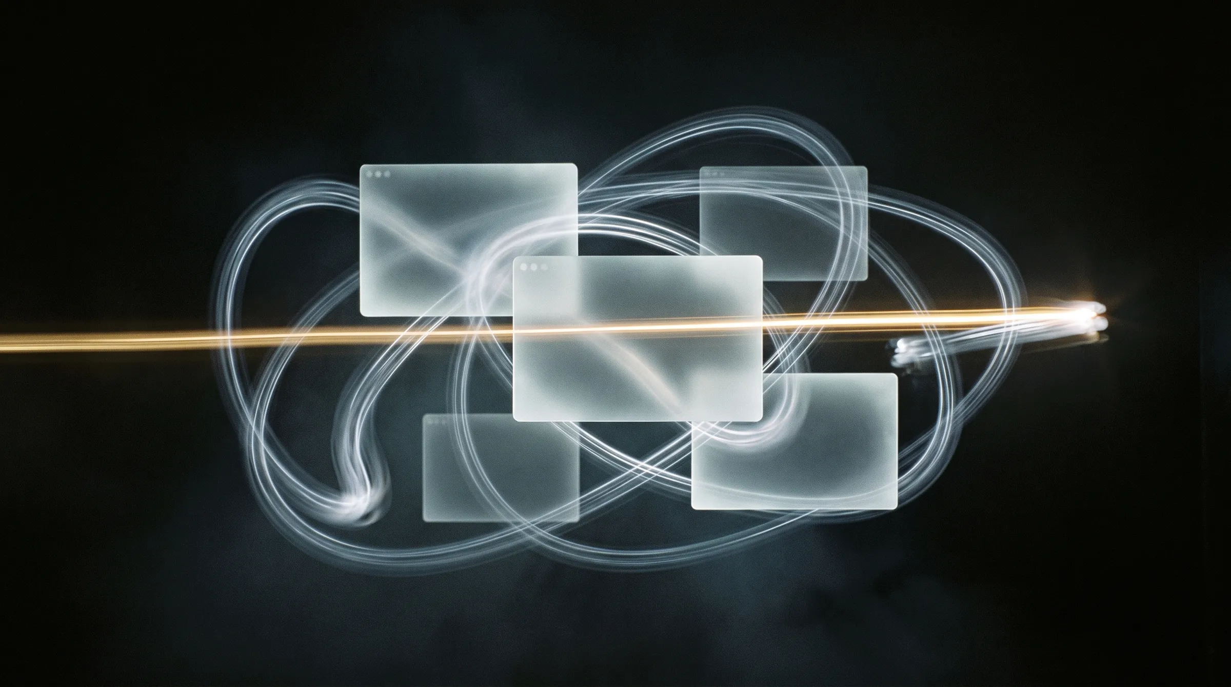 A long-exposure light painting in a dark studio: one straight gold trail crosses the frame while a silver trail loops again and again around five floating blank browser windows, and both end at the same point.