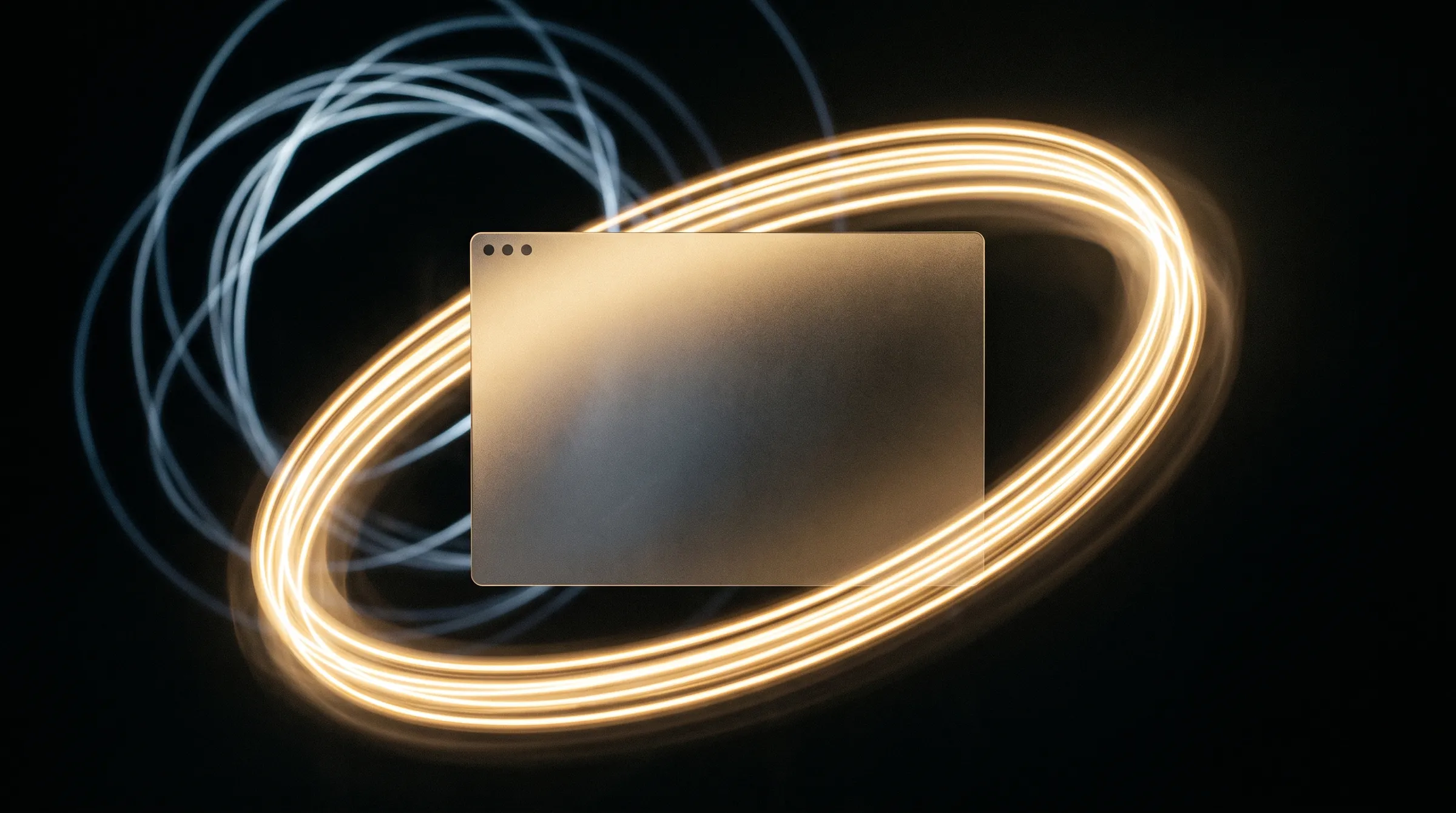 A long-exposure light painting in a dark studio: a gold light trail has circled one floating blank browser window many times along the same tight path, while tangled silver loops fade behind it.