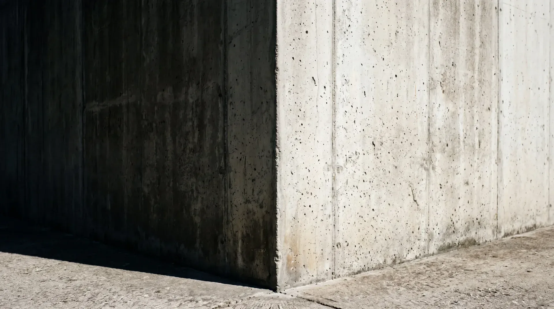 A bare concrete corner, half in shadow, with nothing on either wall.