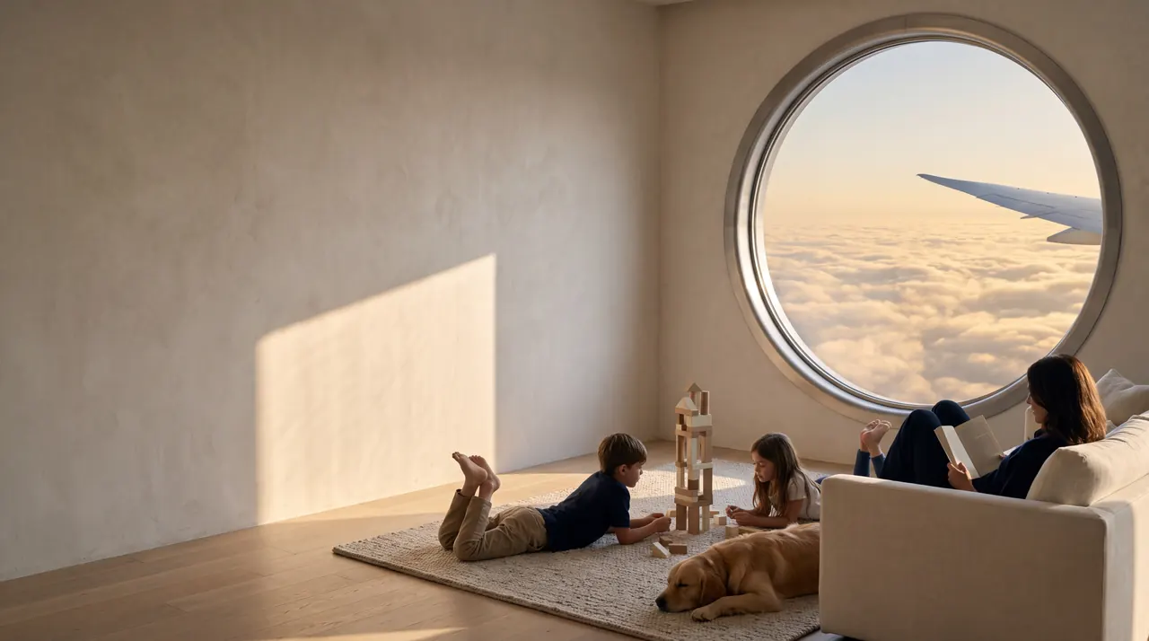 A living room at cruising altitude: two children build a tower of wooden blocks on the rug beside a sleeping golden retriever while their mother reads on the sofa, under a round window framing a wing above the clouds.