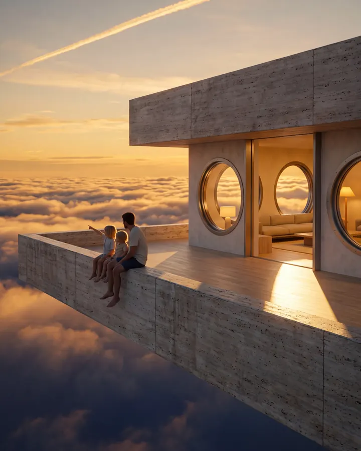 A father and two children sit on the edge of a travertine terrace above a sea of clouds at dusk, pointing at the sunset, the lit living room behind them.