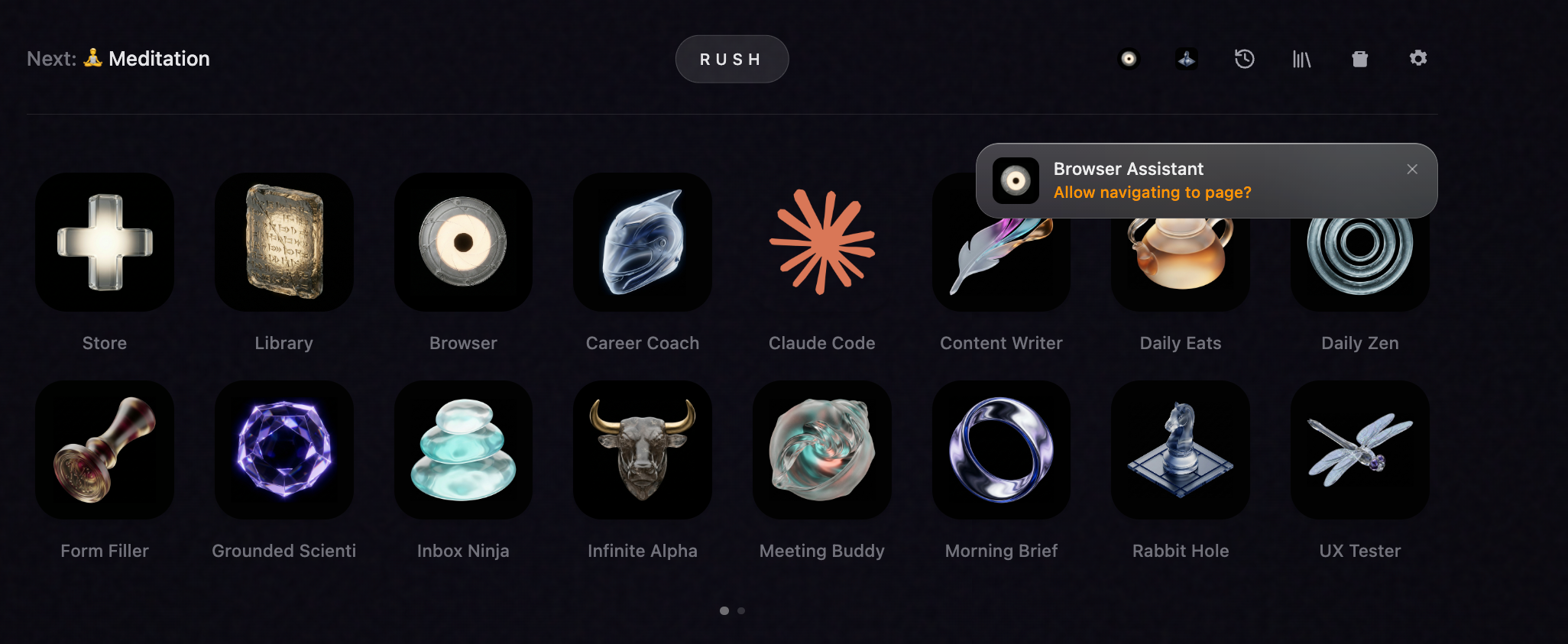 Rush's home screen with app-style surfaces and persistent tools instead of a single blank chat box.