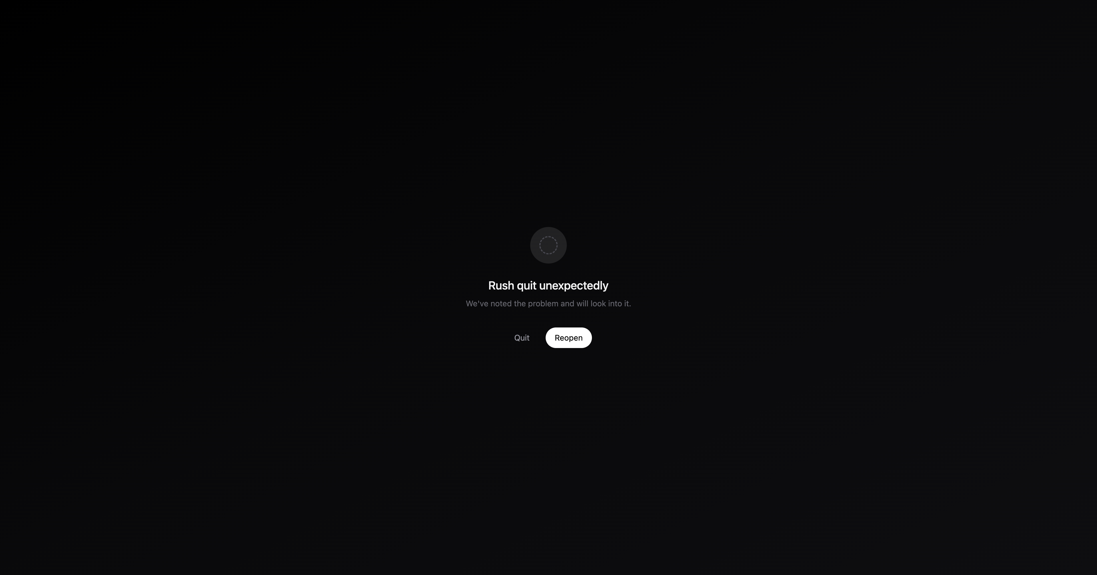 Rush 0.1.0-alpha.16 home screen at T+0 on fresh install