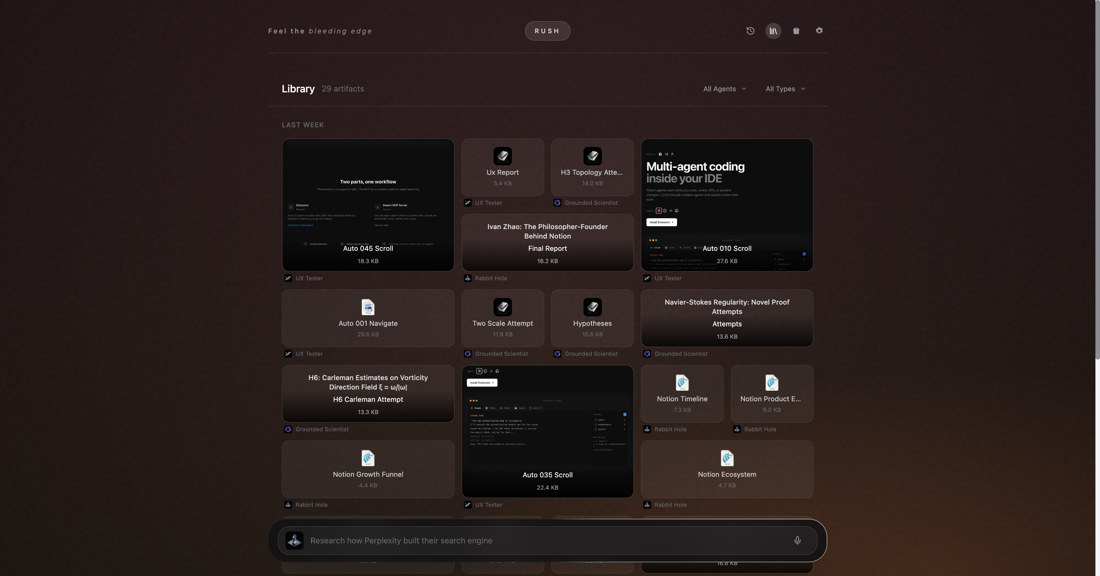 Rush 0.1.0-alpha.19 home with an agent's panel expanded