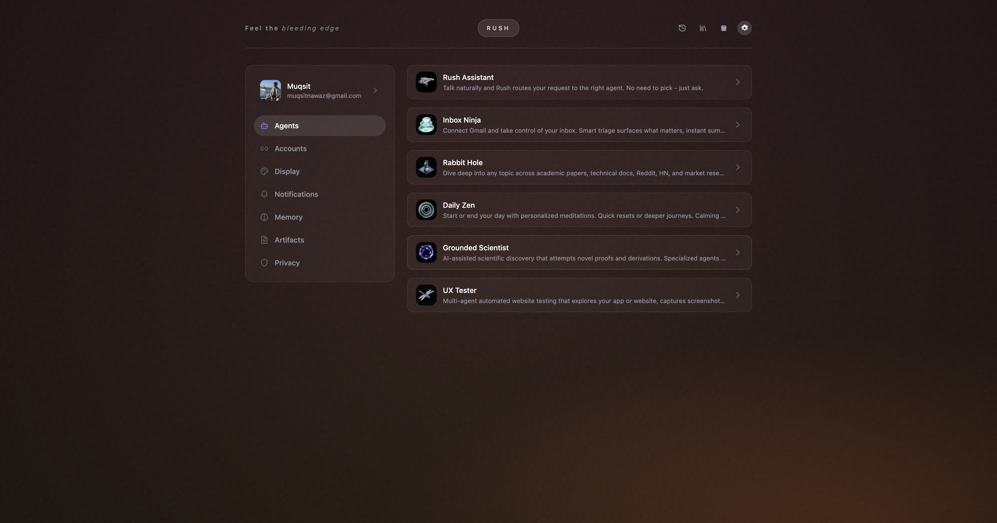 Rush 0.1.0-alpha.19 settings panel showing integrations