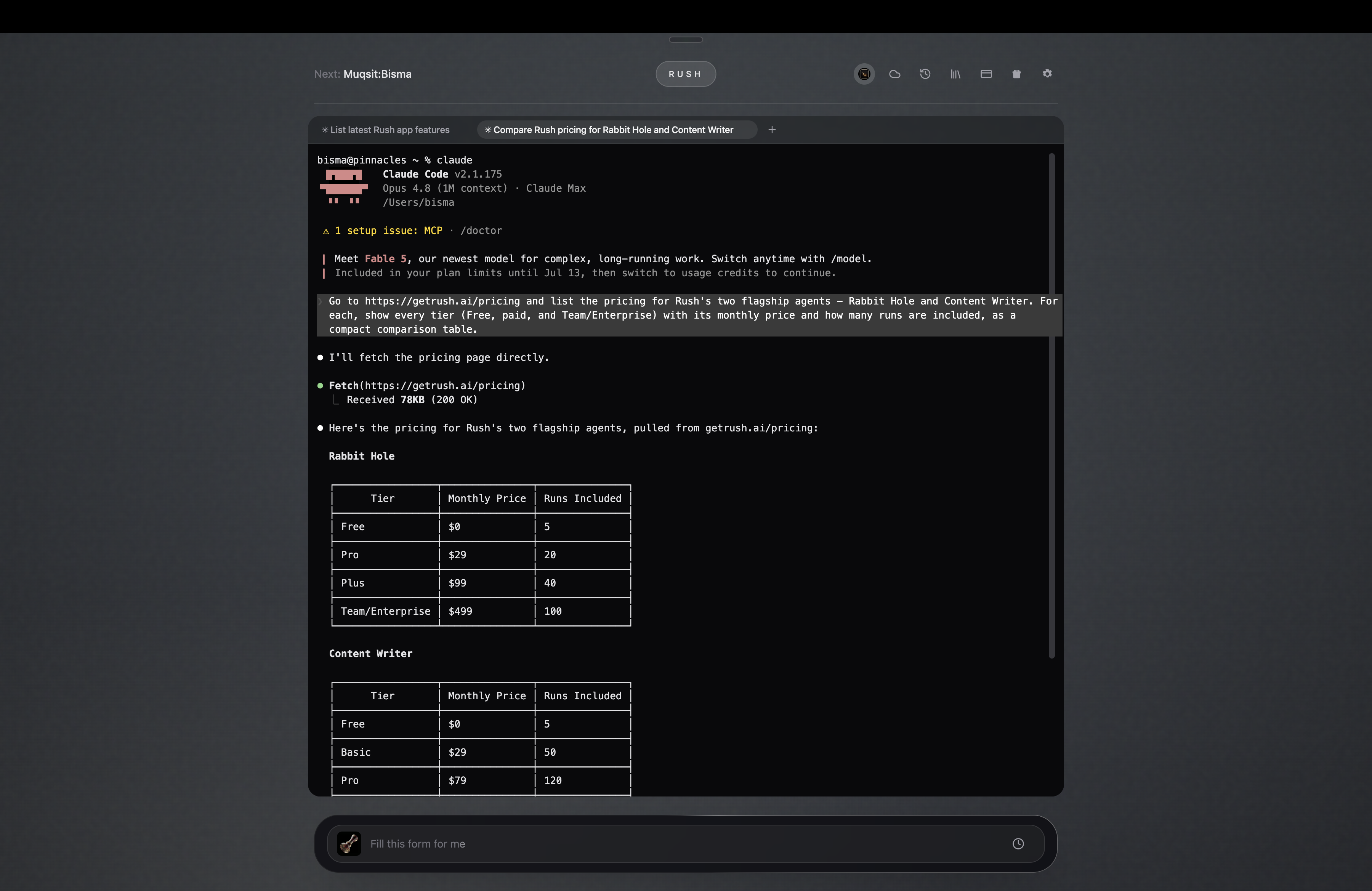 Claude Code running inside Rush's terminal — it fetched getrush.ai/pricing and returned the tiers as a table.