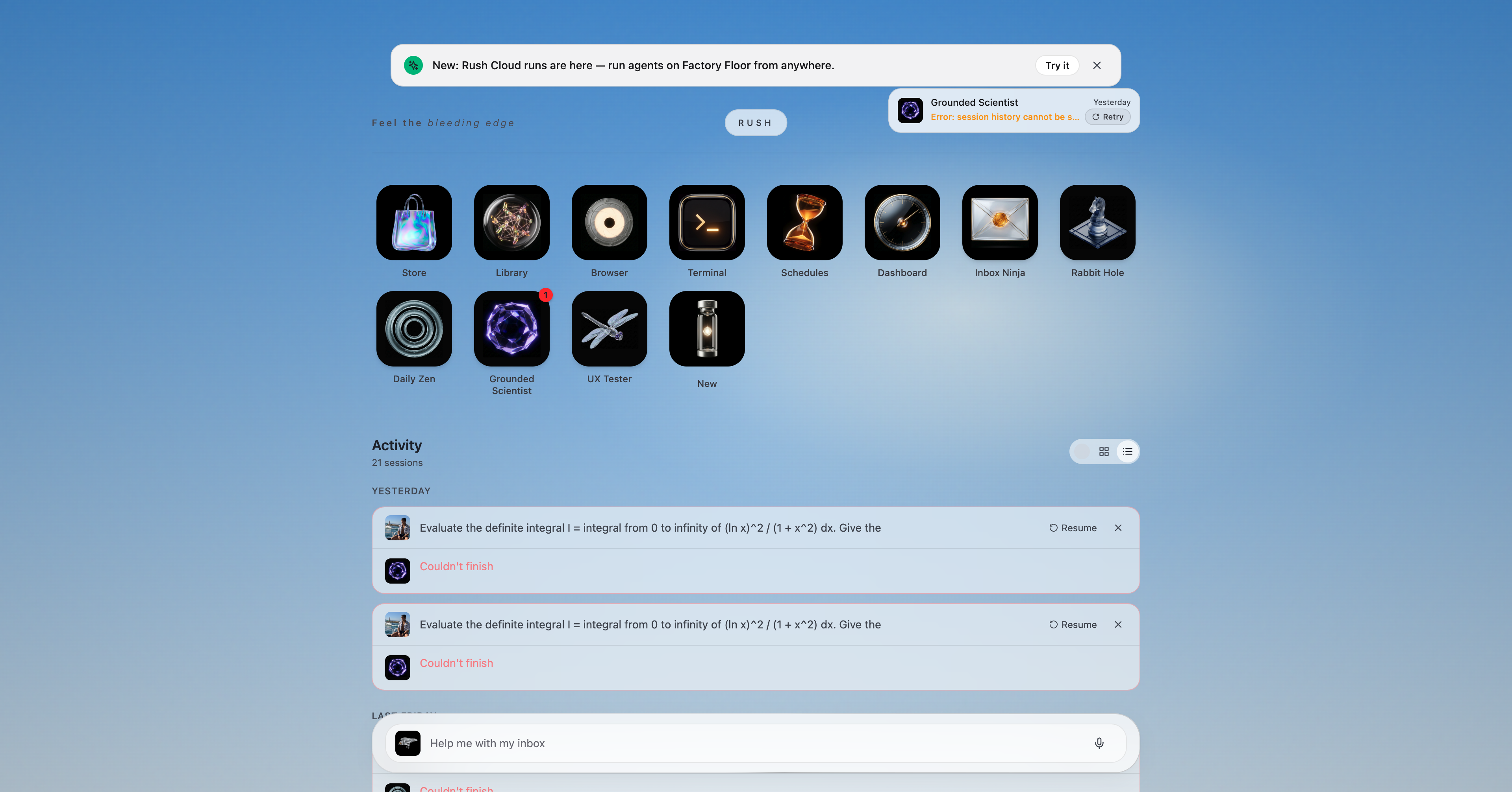 The home grid on macOS, with sharper agent and app icons.