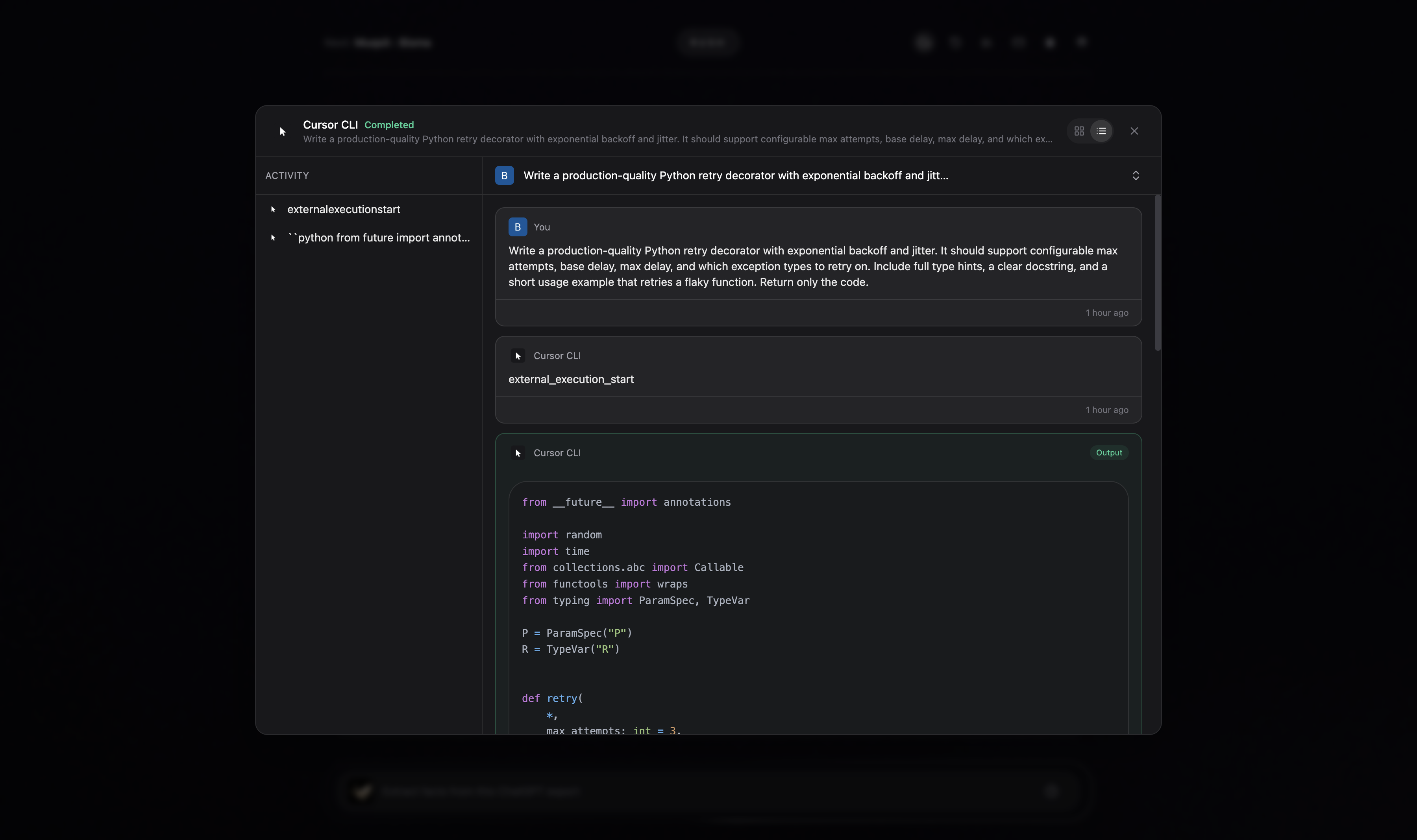 Cursor CLI, run in the cloud — it wrote a production-grade Python retry decorator, streaming each step, with the full transcript and token/cost kept.