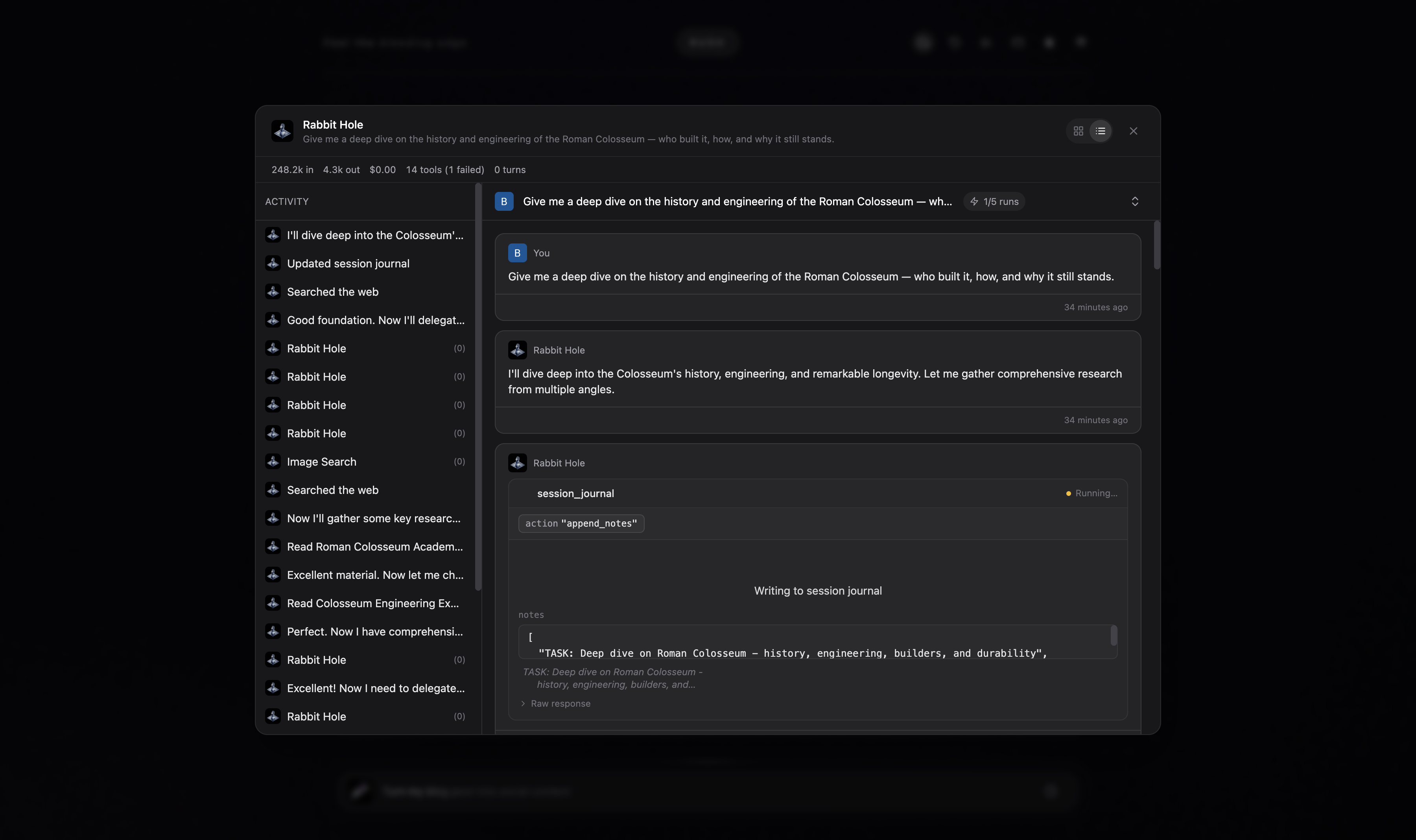 Rabbit Hole, run in the cloud — searching the web, delegating to sub-agents, and building a cited report, all in the same live detail view you use for local runs.